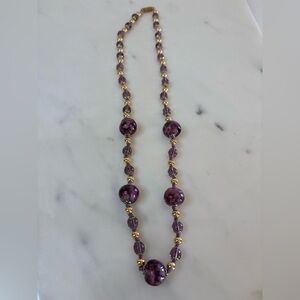 Purple Art Glass Beaded Necklace Gold Tone Spacers Hand Knotted 24”